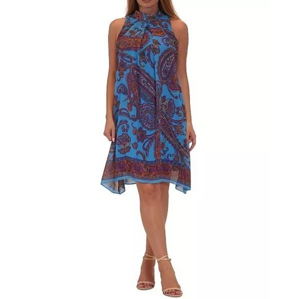 Signature by Robbie Bee Blue Paisley Print Halter Neck Dress Size 12